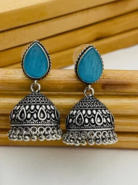 Charming Blue Color Designer Silver Plated Oxidized Jhumkas With Pearl Hangings