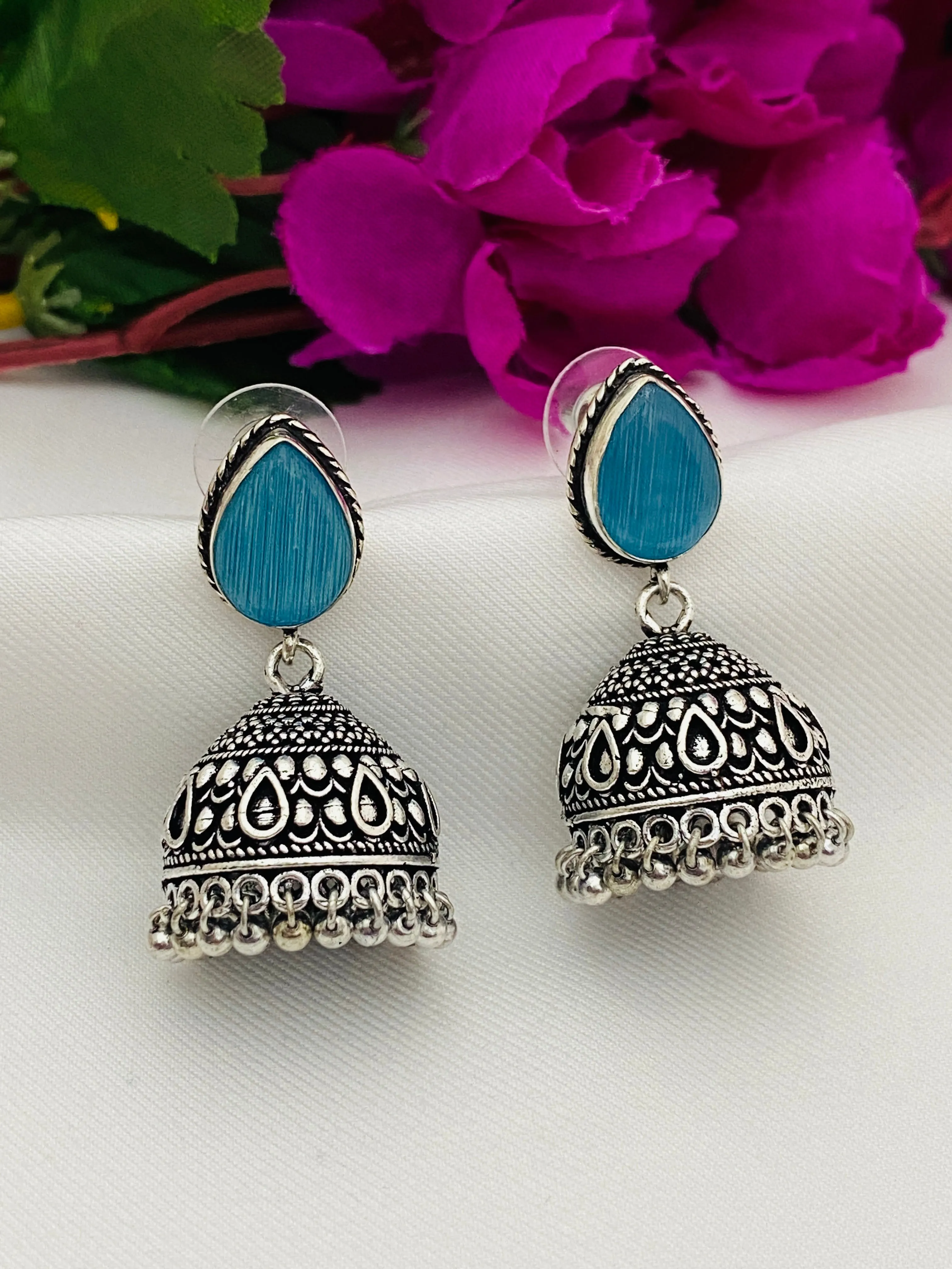 Charming Blue Color Designer Silver Plated Oxidized Jhumkas With Pearl Hangings