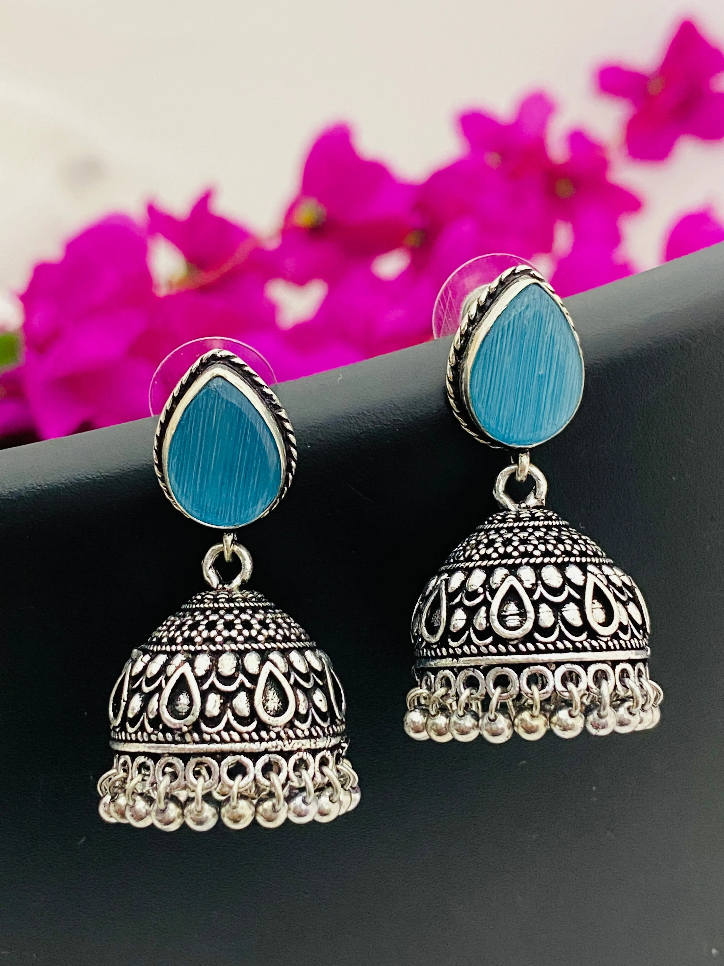 Charming Blue Color Designer Silver Plated Oxidized Jhumkas With Pearl Hangings