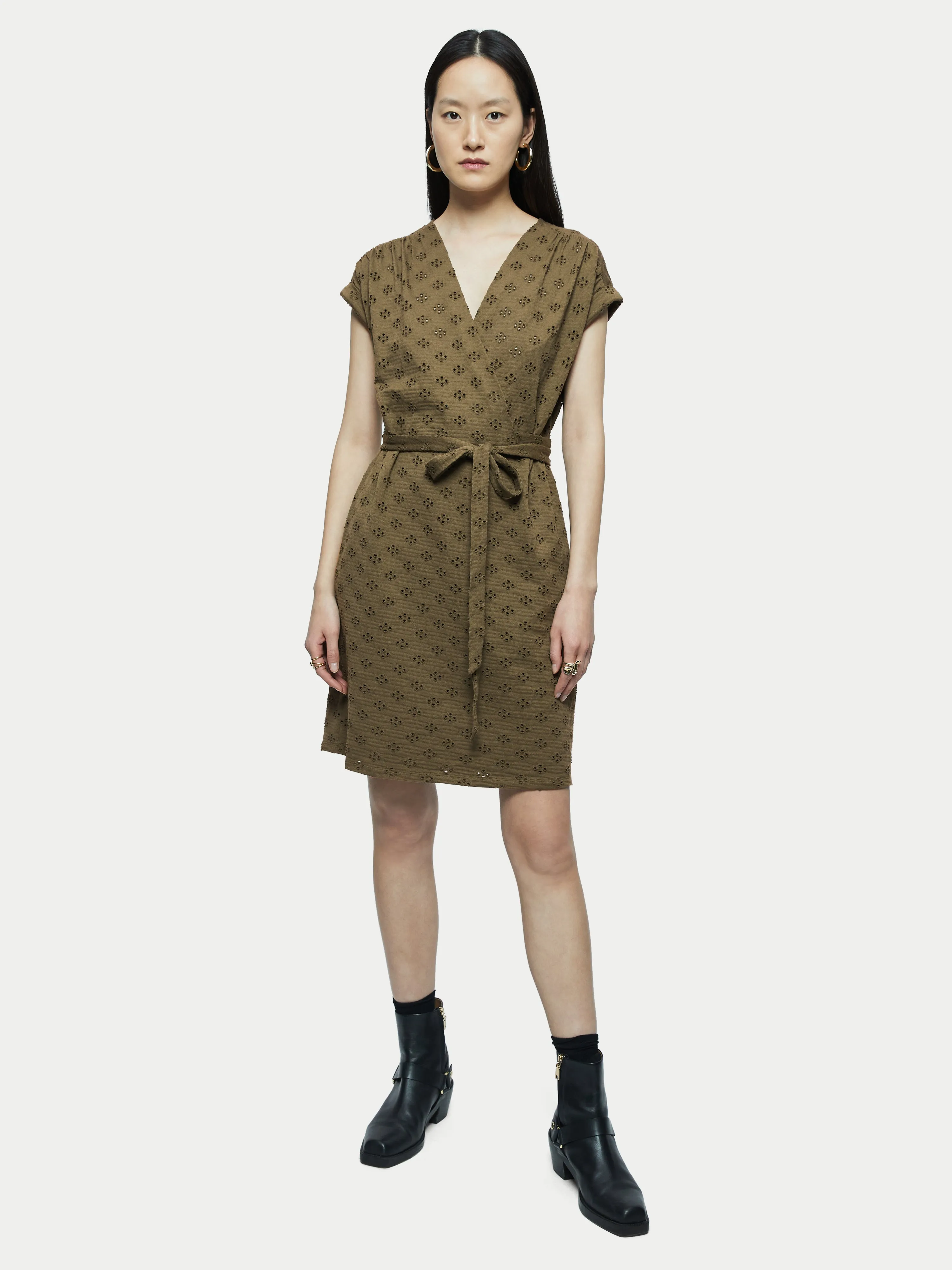 Cotton Broderie Wrap Dress | Khaki