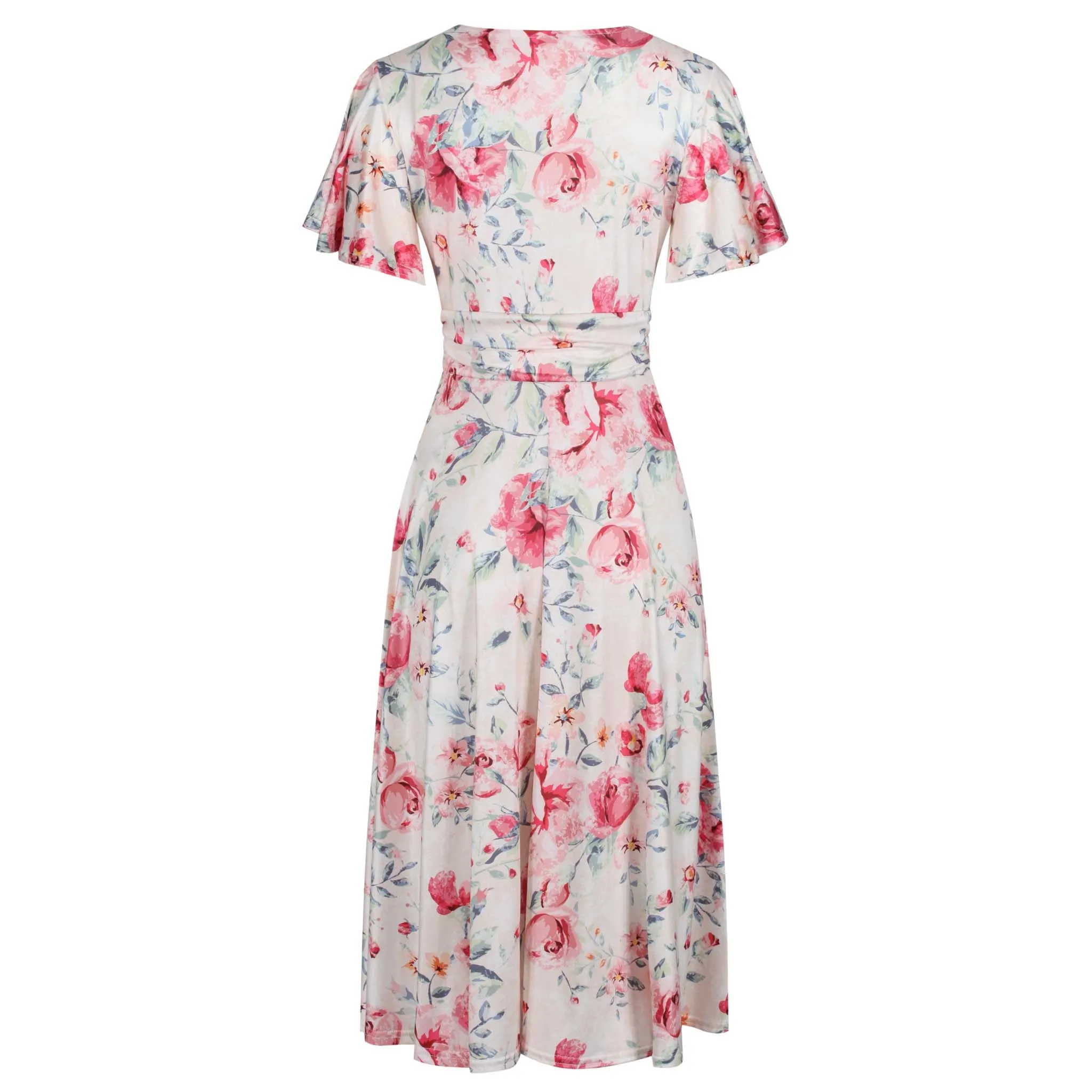 Cream Pink Floral Print Cap Sleeve V Neck Wrap Top Swing Dress