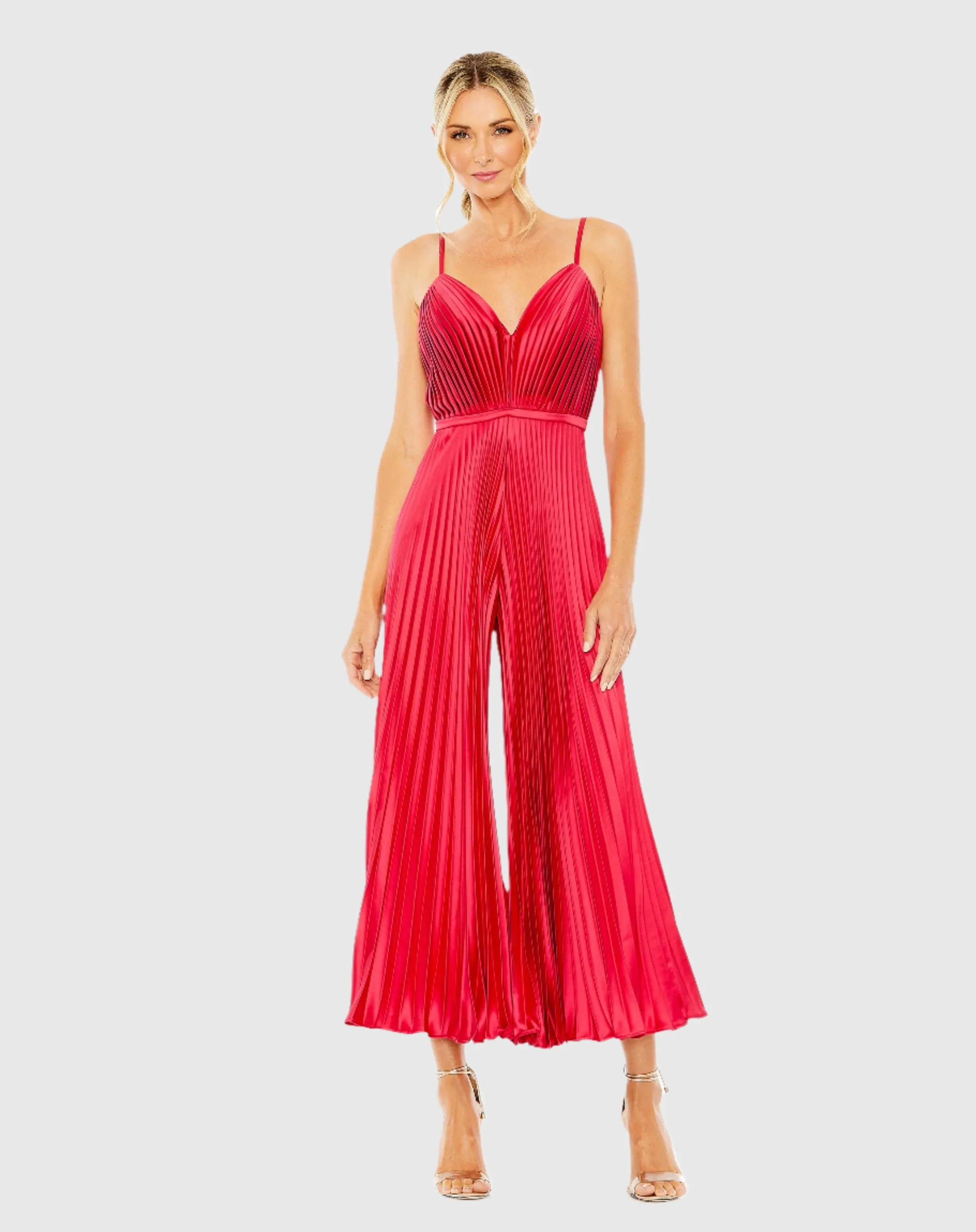 Cropped Pleated V-Neck Wide Leg Jumpsuit