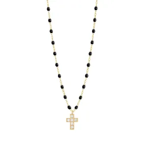 Cross Charm Classic Gigi Black diamond necklace, Yellow Gold, 16.5"