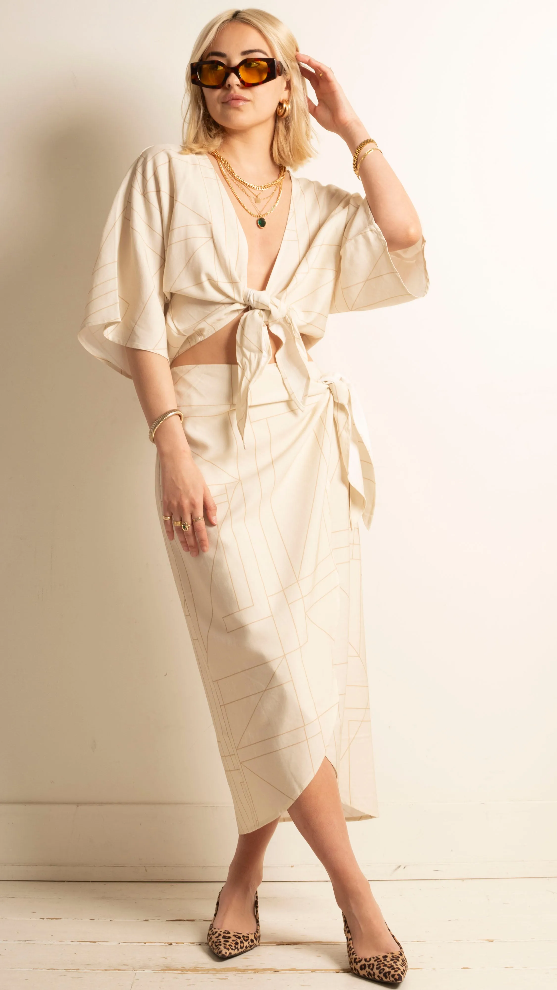 Dahlia Wrap Top & Skirt Set - Tan Grid