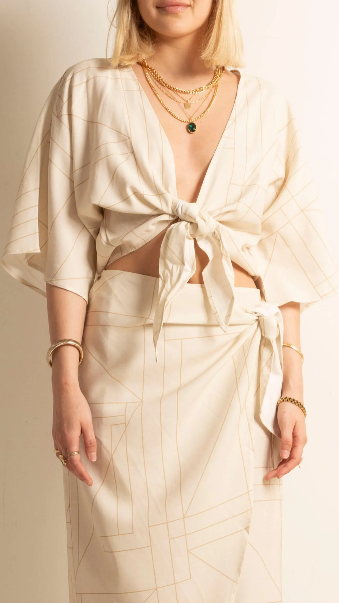 Dahlia Wrap Top & Skirt Set - Tan Grid