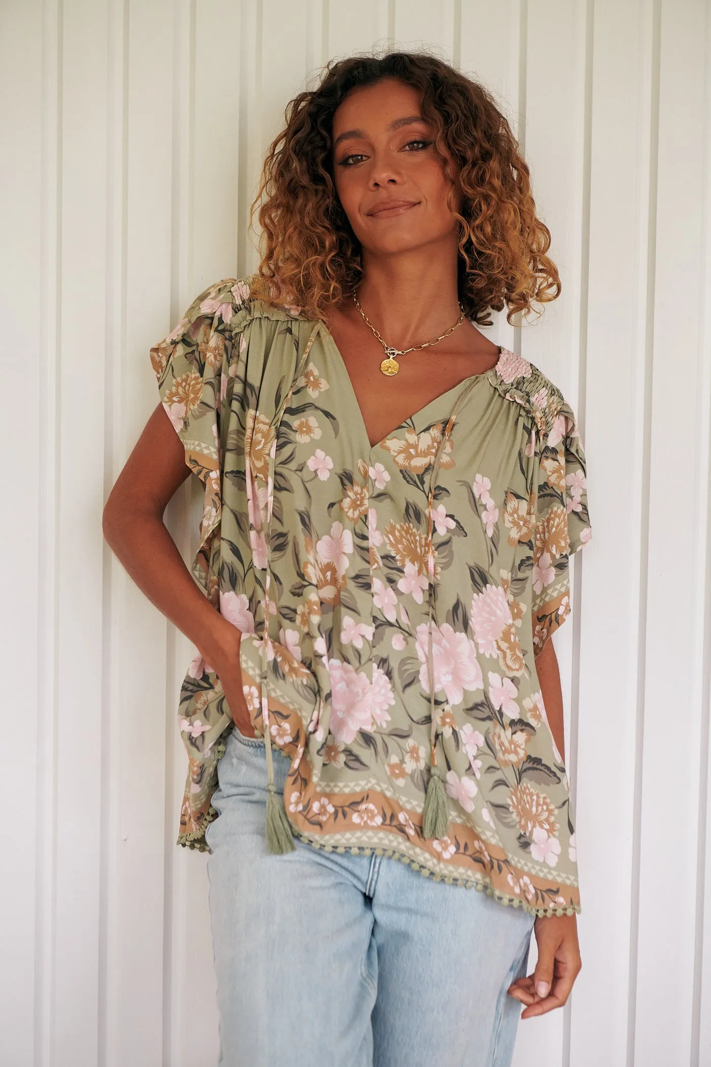 Delilah Blouse - Khaki/Pink