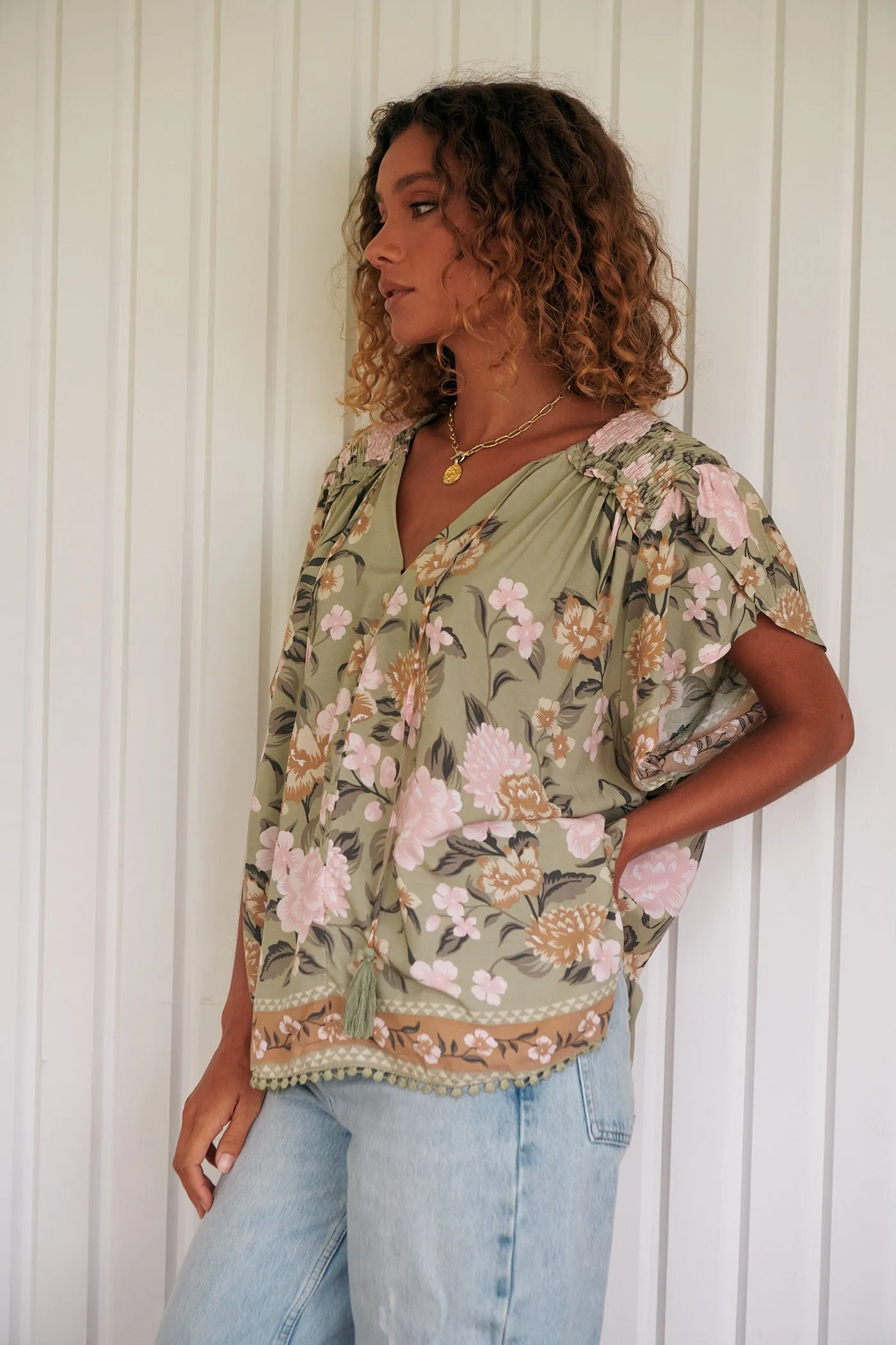 Delilah Blouse - Khaki/Pink