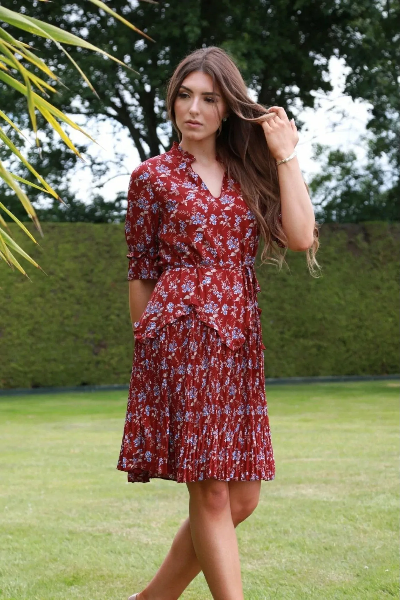 Double Second Red Floral Chiffon Pleat Detail Dress