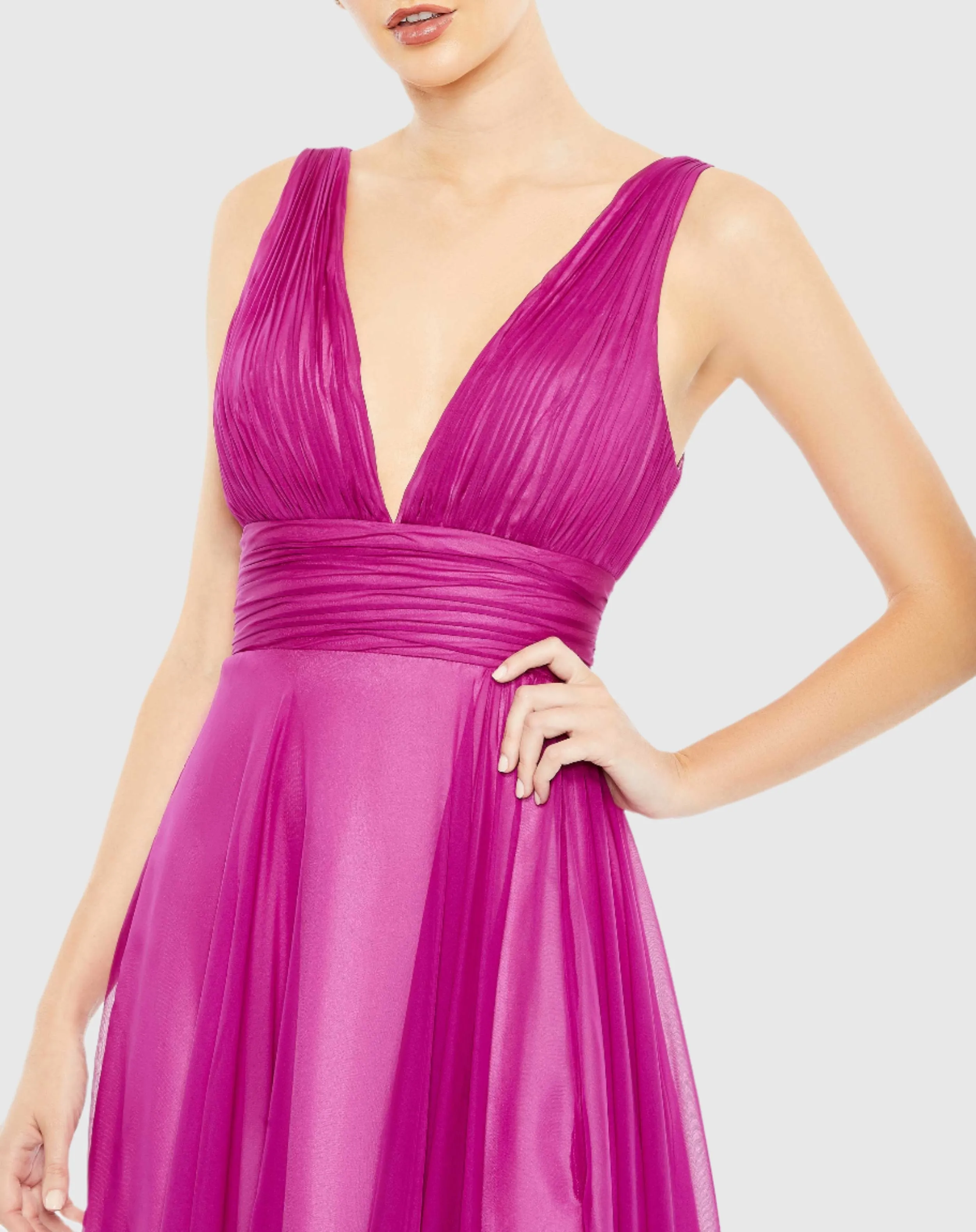 Draped Sleeveless V Neck Flowy Gown