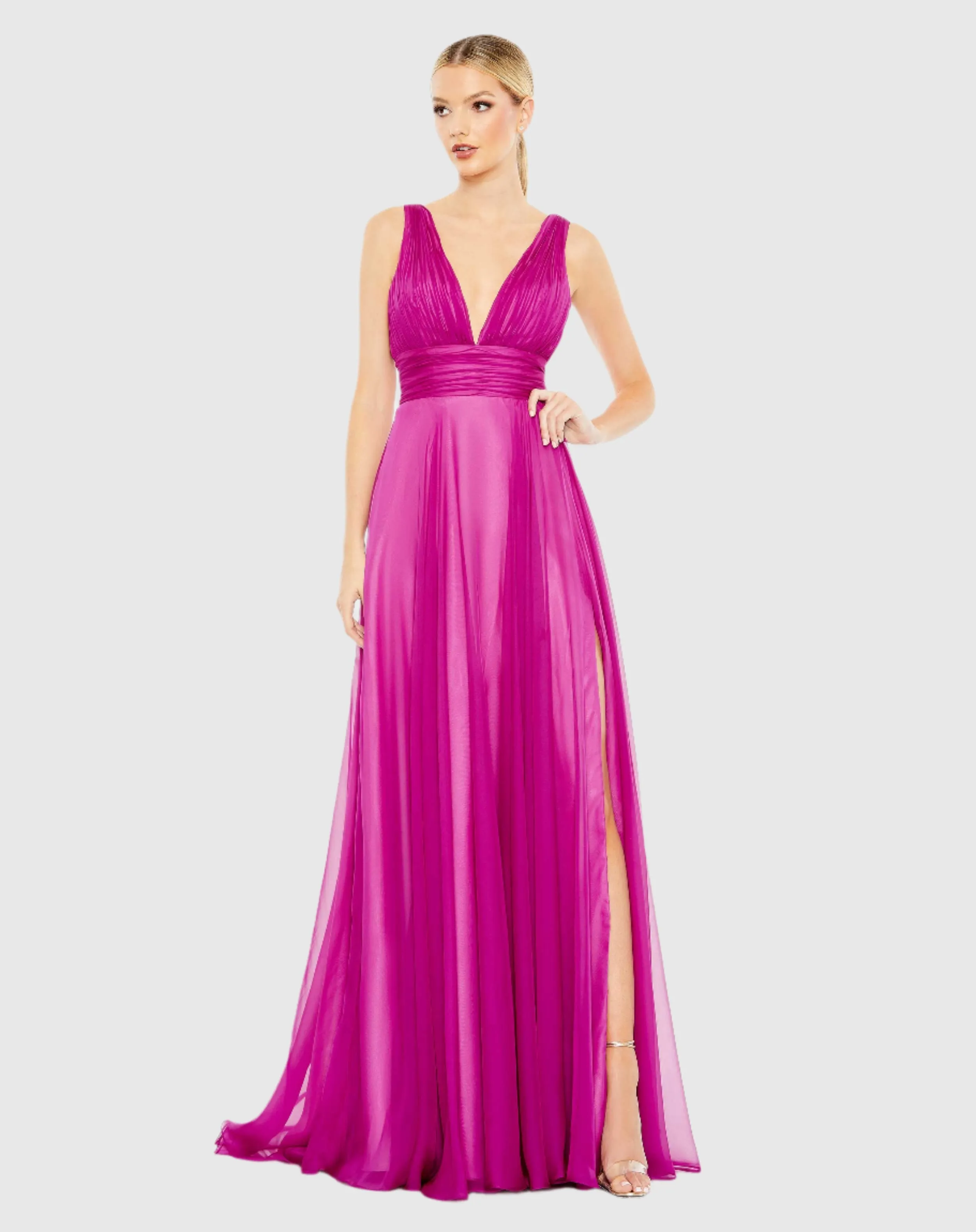 Draped Sleeveless V Neck Flowy Gown