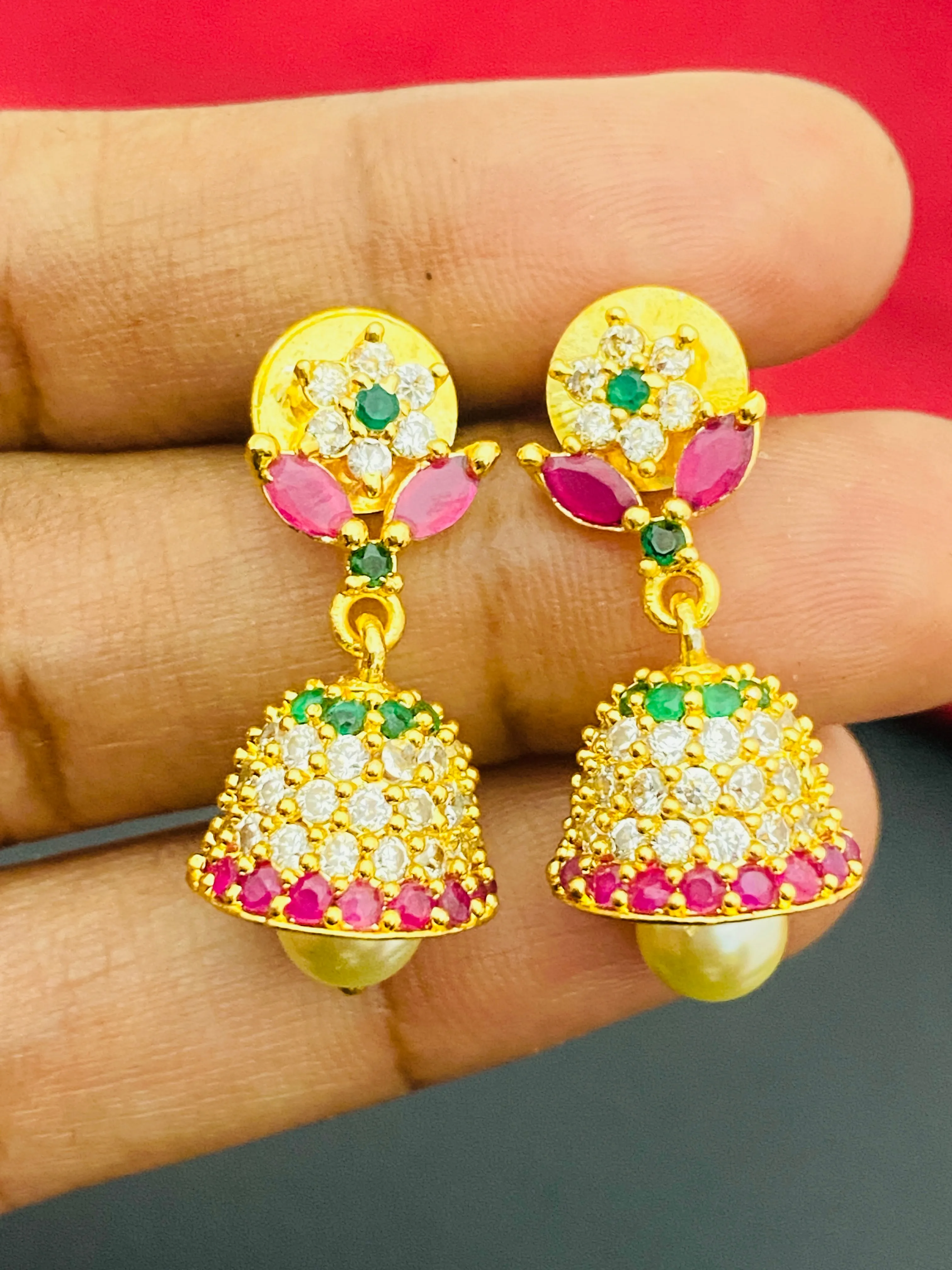 Elegant Multi Color Gold Plated Jhumka With Pearl Set Earrings