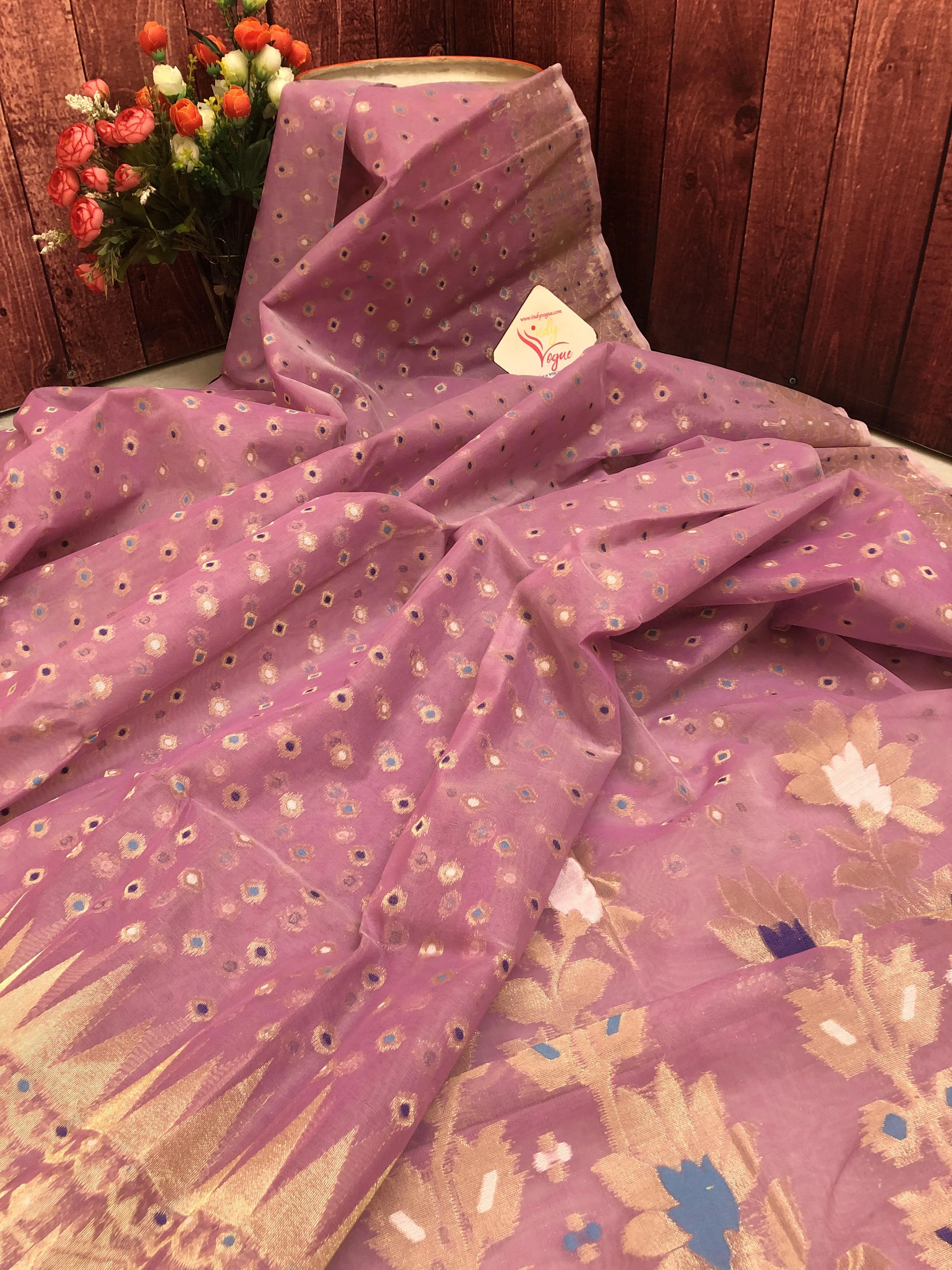 French Rose Color Jamdani Saree with meenakari Buti Work