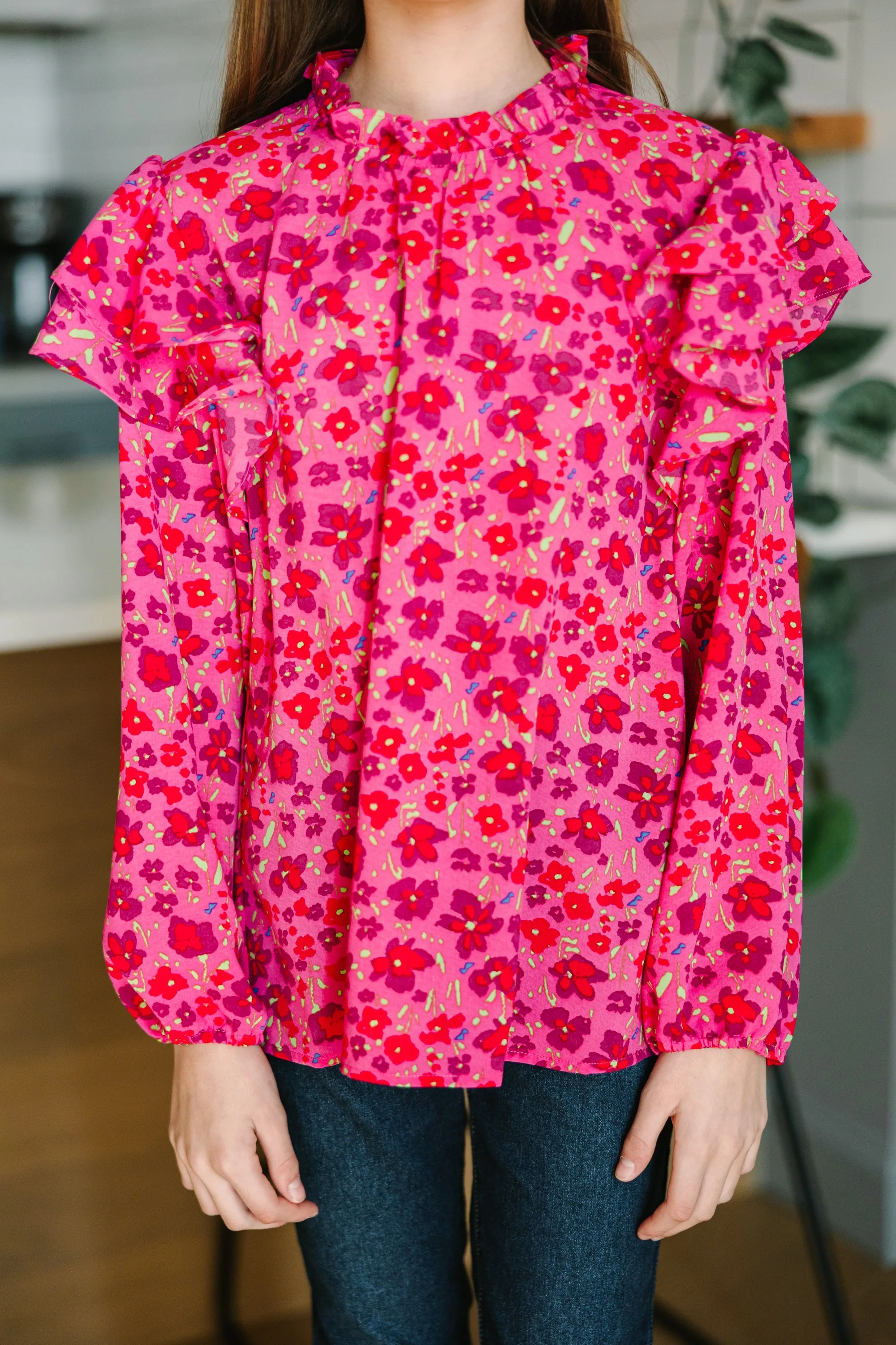 Girls: On My Heart Pink Floral Blouse