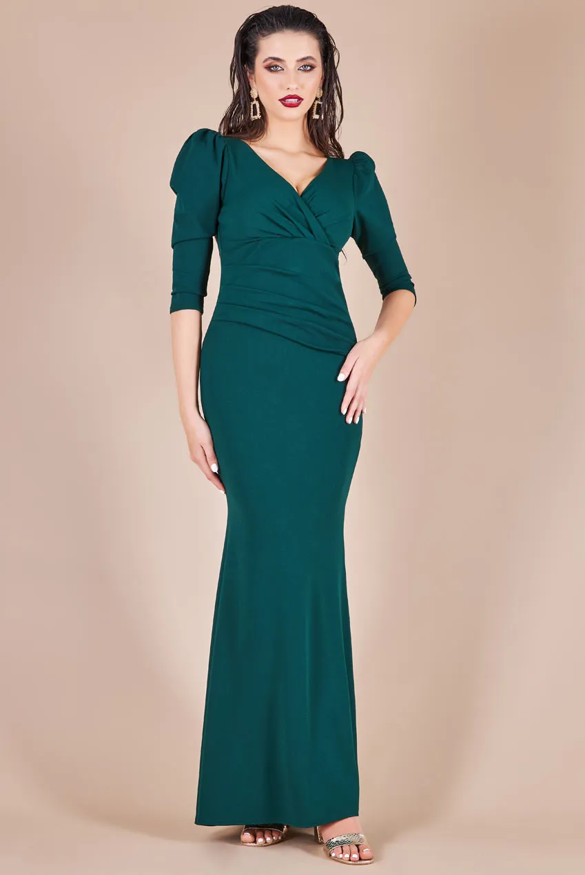 Goddiva Front Wrap Pleated Scuba Maxi Dress