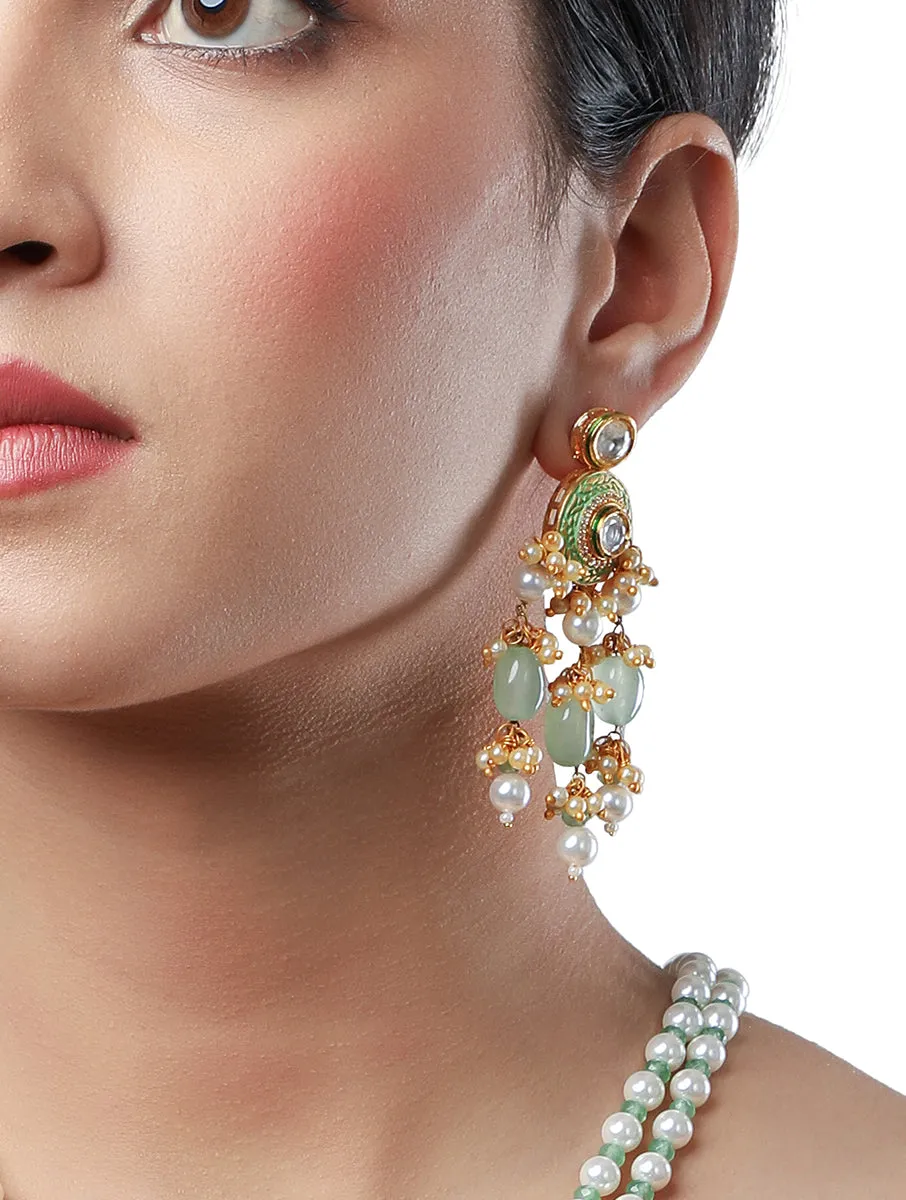 Golden and Mint Green Kundan Polki Earrings