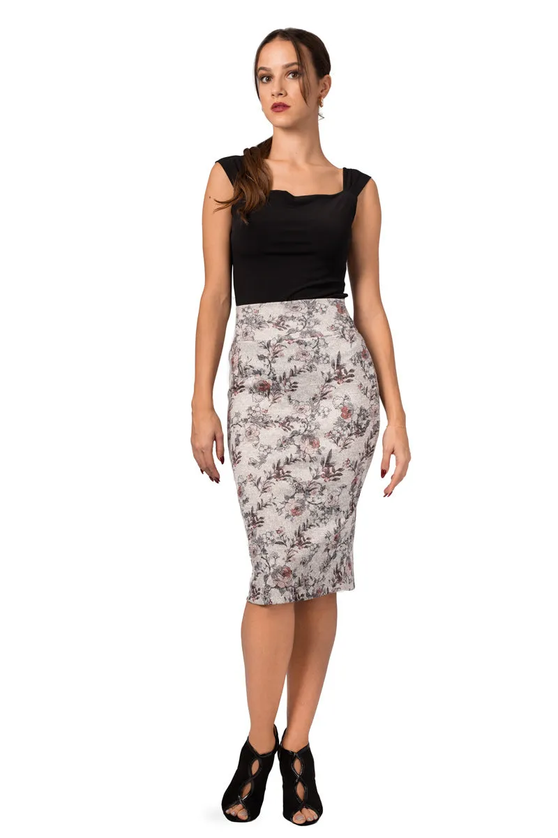 Grey Pencil Skirt With Floral Print