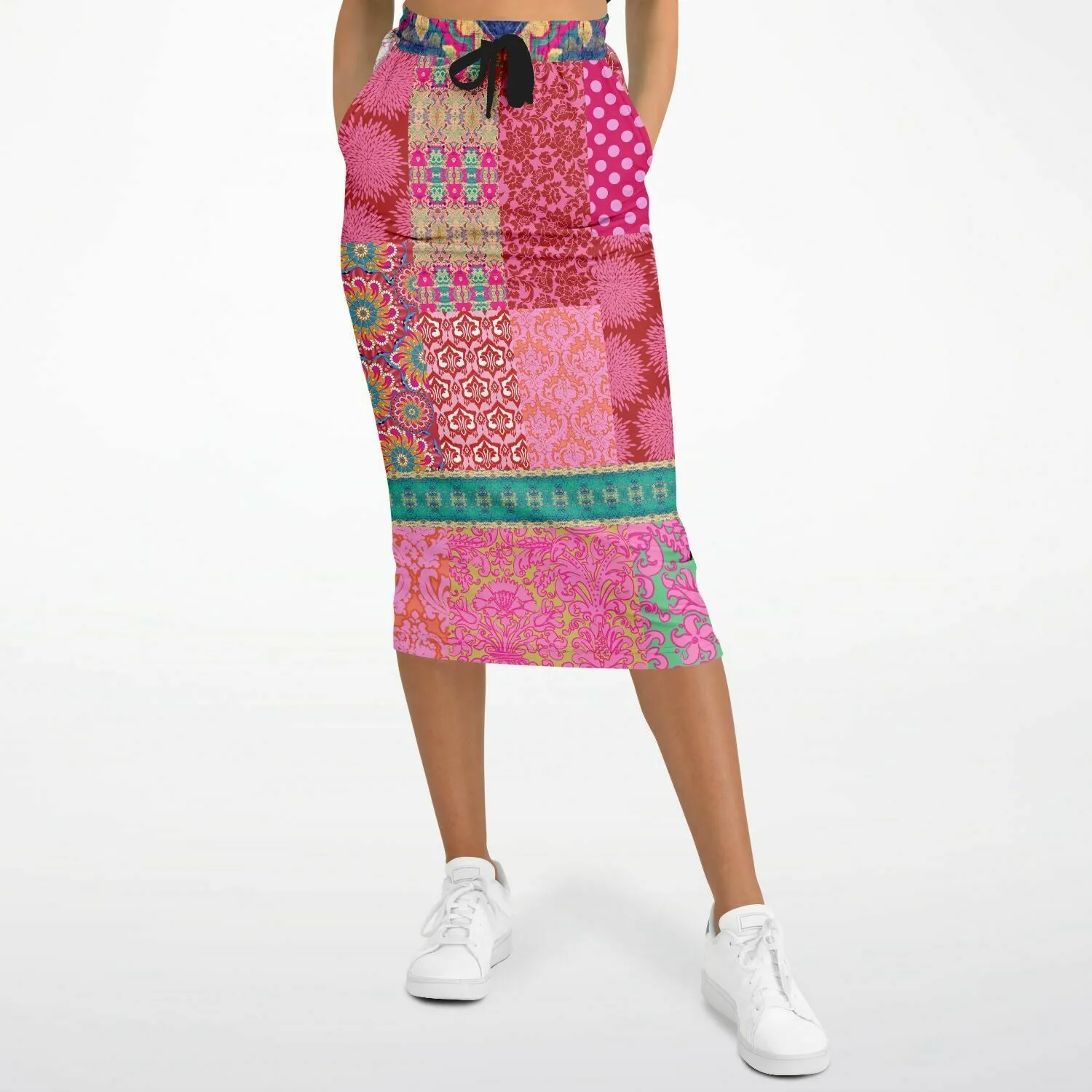 Gypsy Beat Pink Indian Floral Eco-Poly Long Pocket Skirt