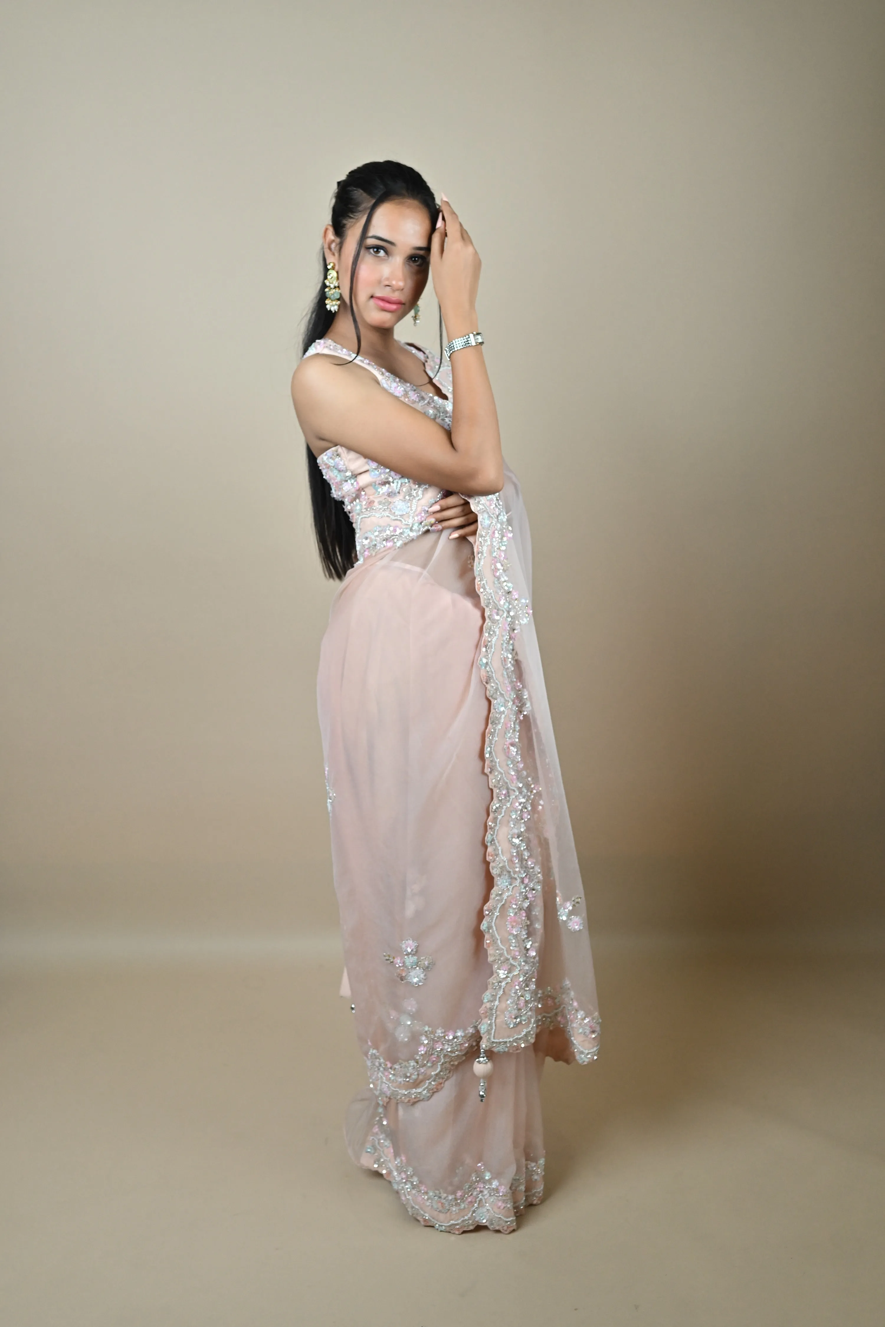 Hand embroidered Nude Pink Pure Organza saree