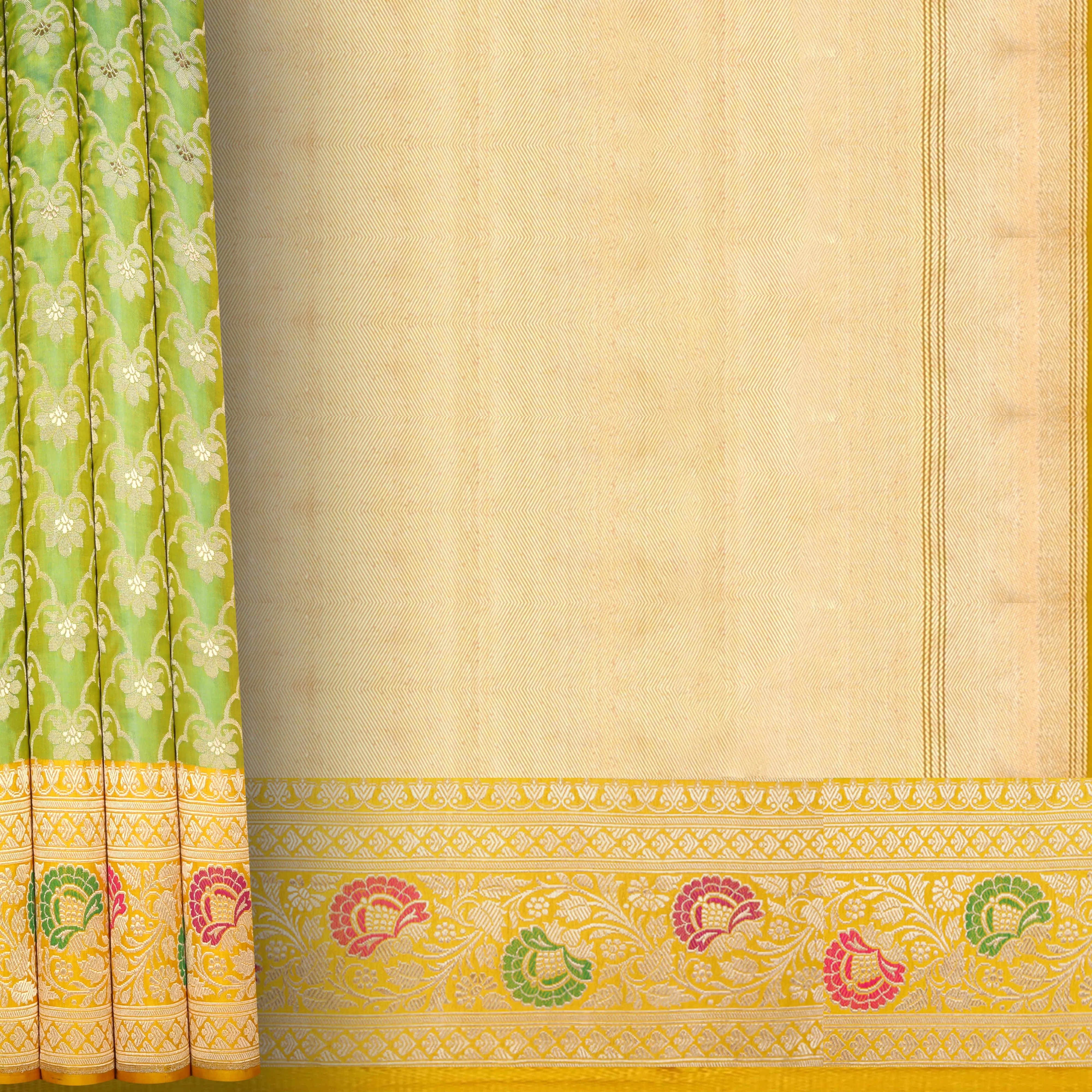 Handwoven Green and Yellow Shot Banarasi Silk Saree - 1412T004633DSC