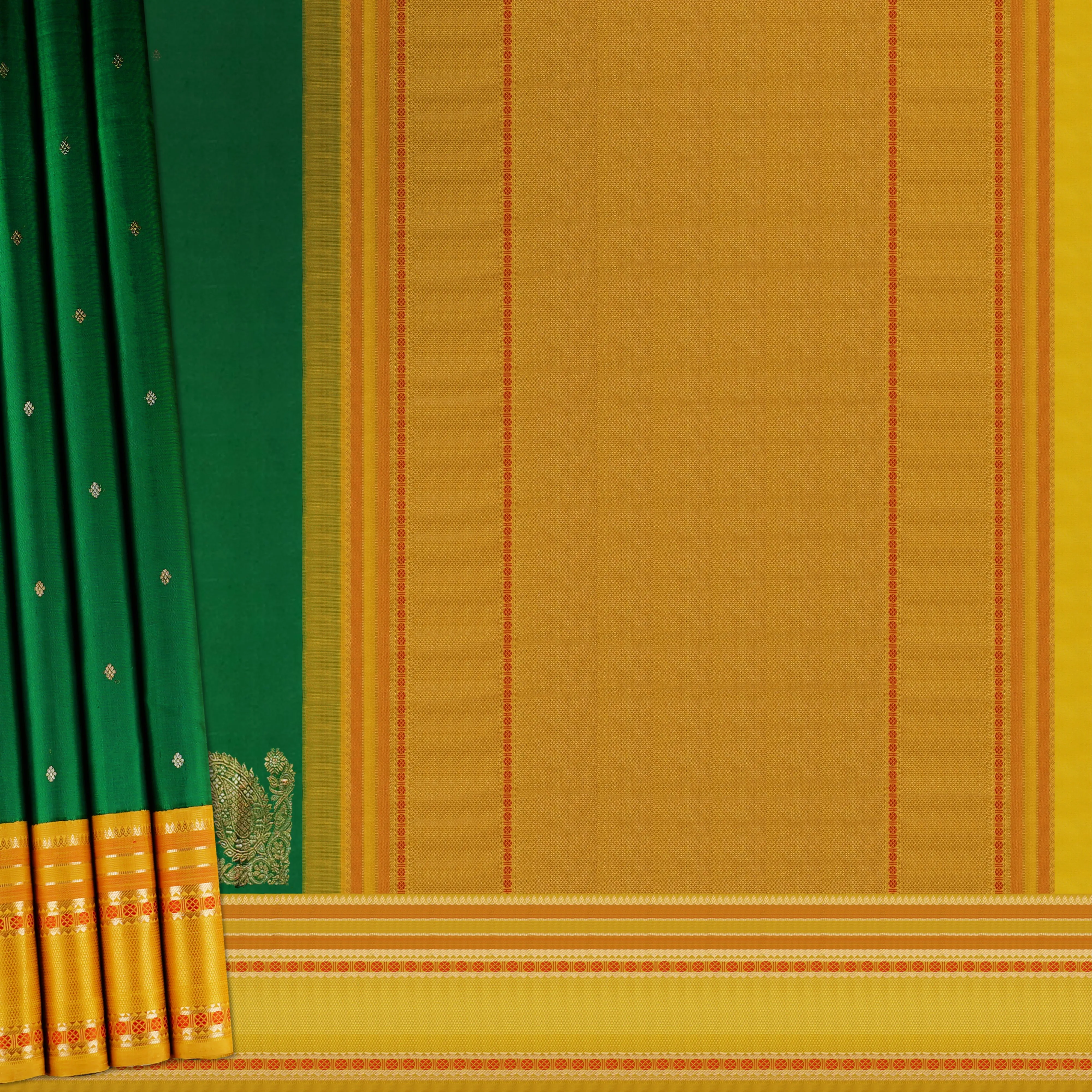 Handwoven Green with yellow Kanjivaram Silk Saree - 1864T005887DSC