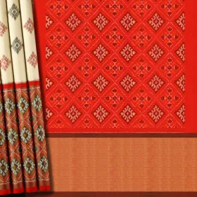 Handwoven Off-white with Red Ikat Silk Saree - 407T000422DSC