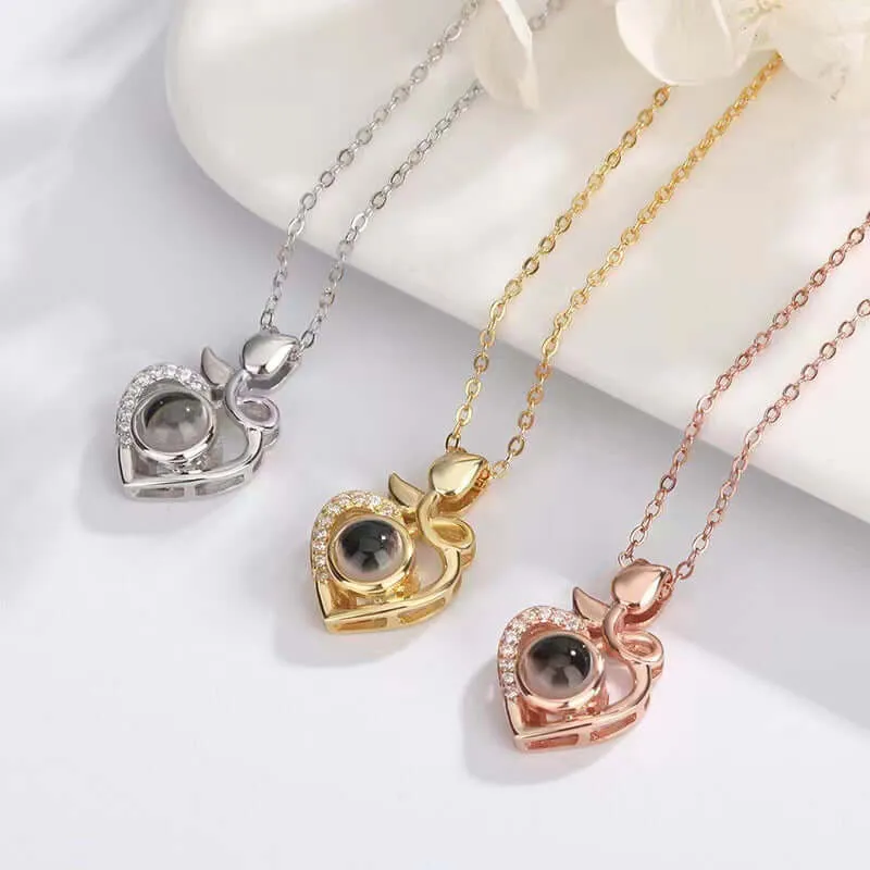 Heart-shape Rose Projection Stone Necklace with Picture inside