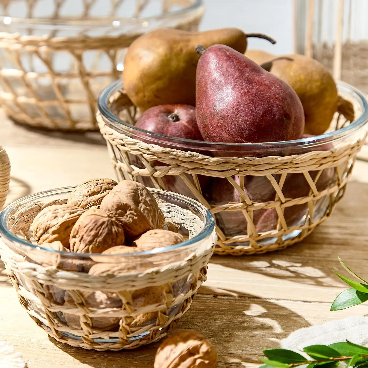 Island Chic Borosilicate Glass Bowls with Removable Hand-Woven Lattice  - Set of 3