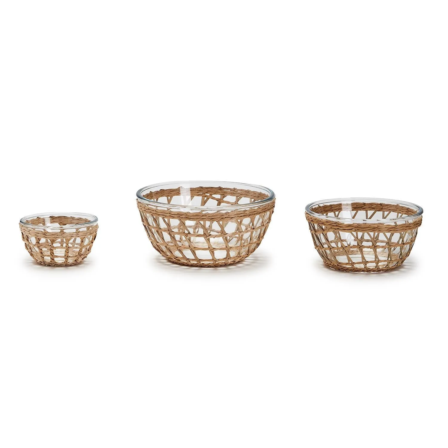 Island Chic Borosilicate Glass Bowls with Removable Hand-Woven Lattice  - Set of 3