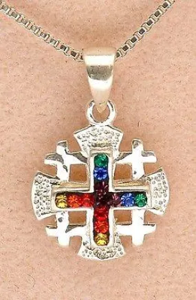 Jerusalem Cross Pendant 925 Sterling Silver With Mixed Gemstone Colors.