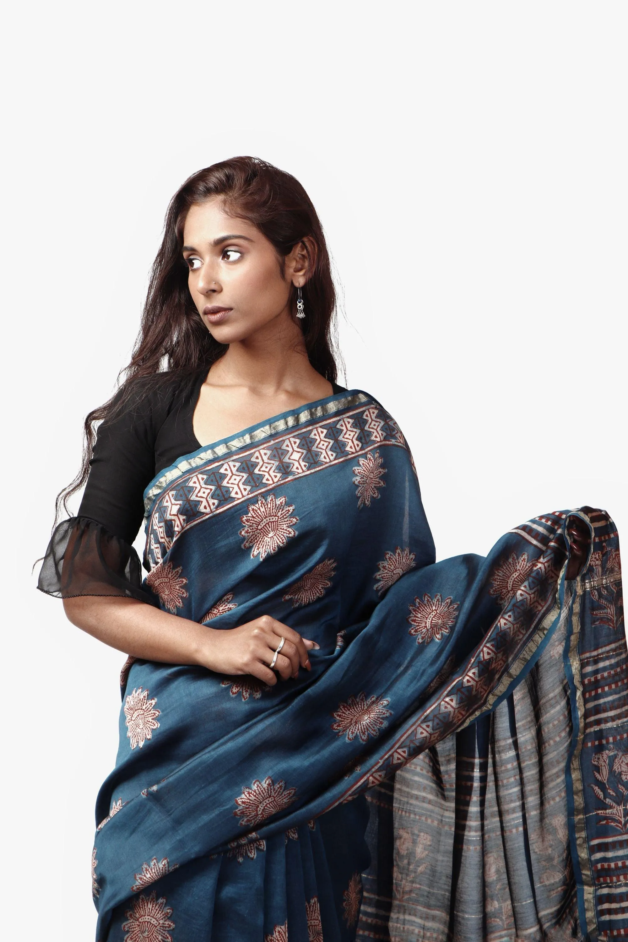 Kaisori Malhar - Dabu Pharad Light Indigo handblockprinted Silk Cotton saree