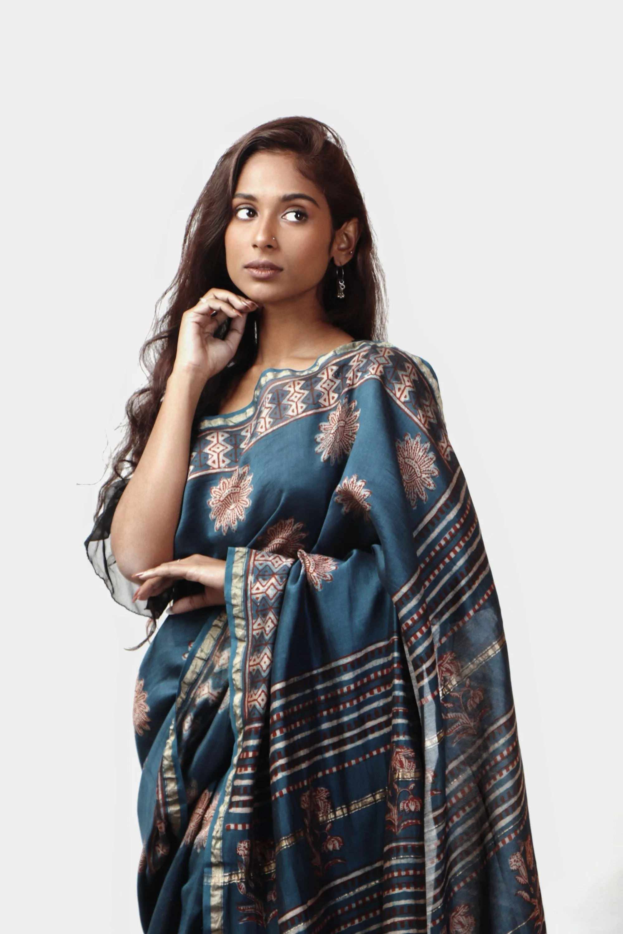 Kaisori Malhar - Dabu Pharad Light Indigo handblockprinted Silk Cotton saree