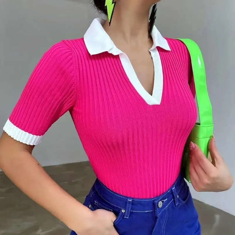 Knitted Short Sleeve V-Neck Blouse