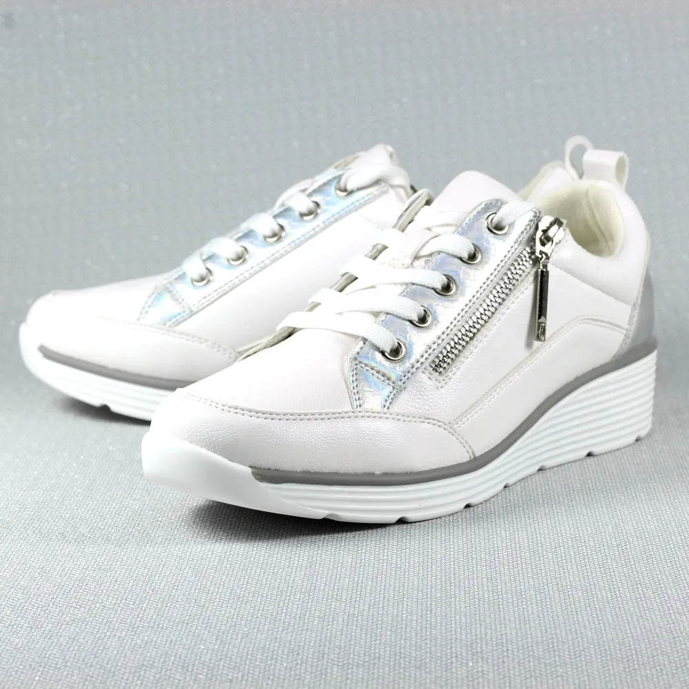 Ladies Lunar Shoes Kiley Trainer White Wedge Heel Laced Zip