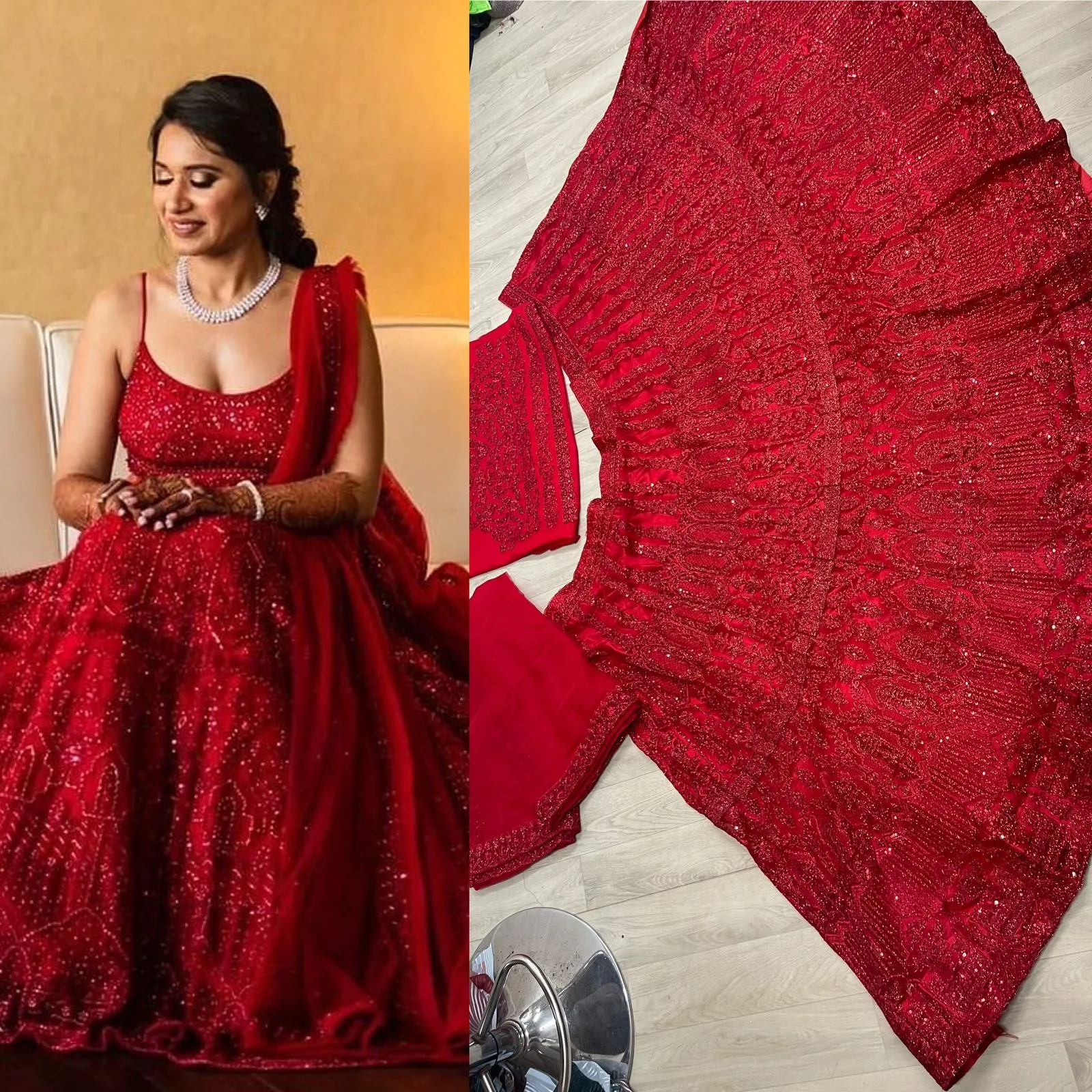 LEHENGA NET RED THREAD EMBROIDERY FOR WEDDING