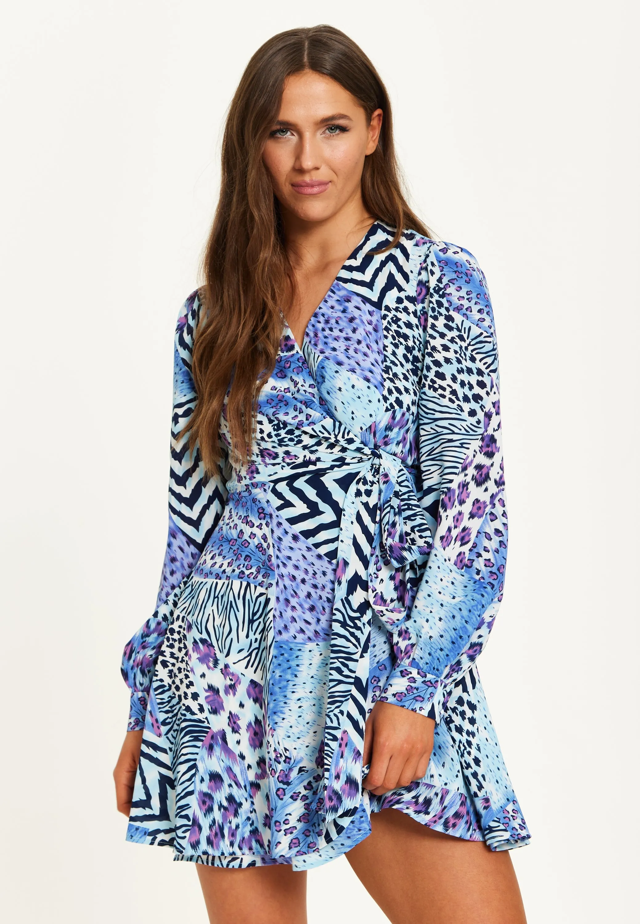 Liquorish Mixed Animal Print Mini Wrap Dress