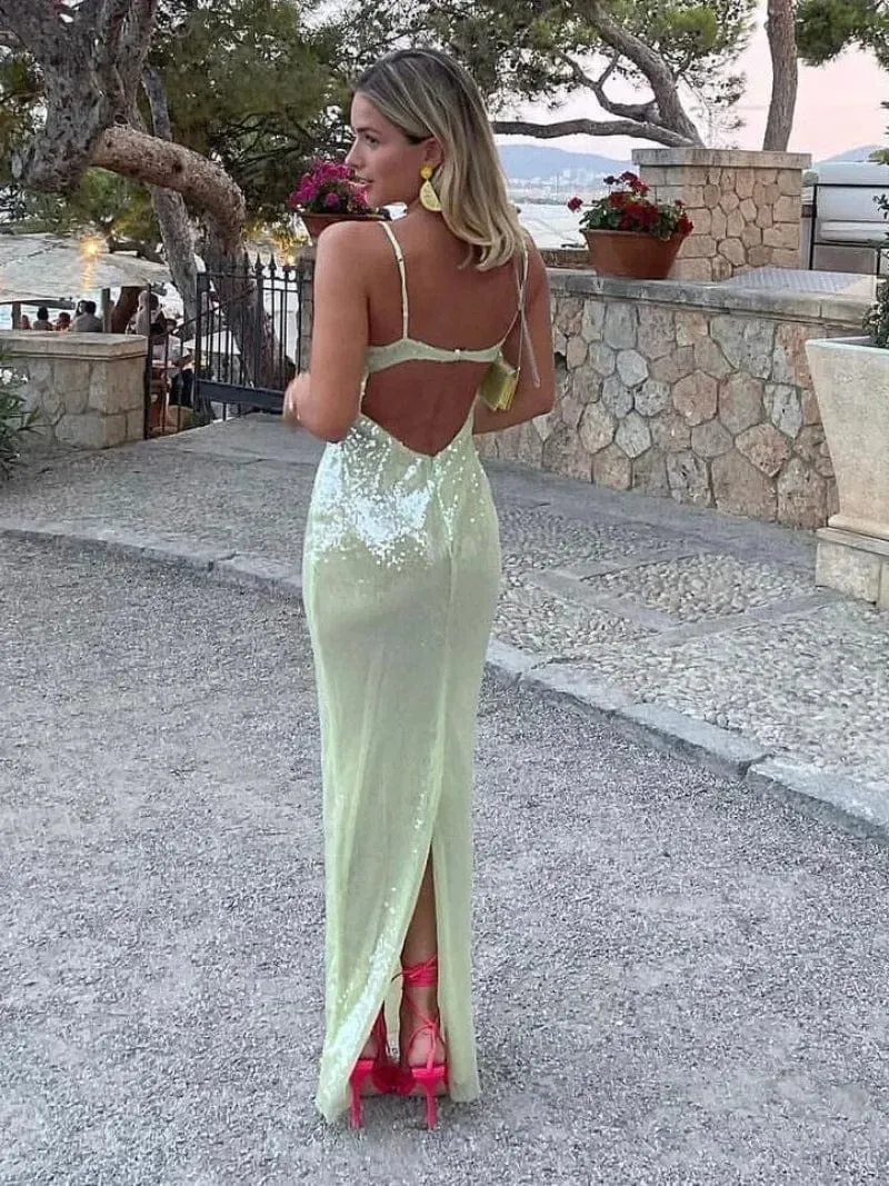 Luxury Sequins Backless High Slit Evening Long Dress 2024 Elegant WomenSleeveless High Waist Tunic Bodycon Holiday Party Dresses