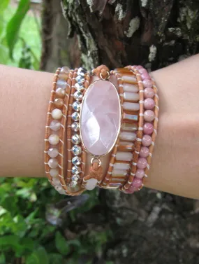 Natural Rose Quartz, Rhodonite, Sunstone Beaded Wrap Bracelet