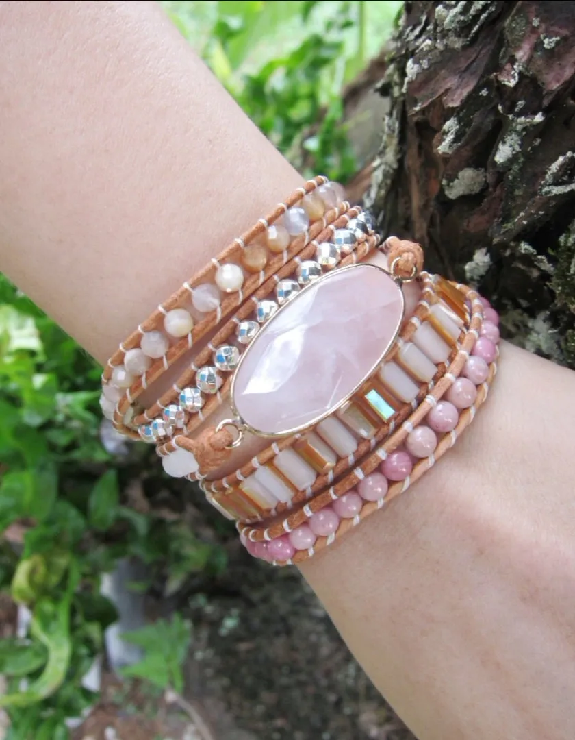 Natural Rose Quartz, Rhodonite, Sunstone Beaded Wrap Bracelet