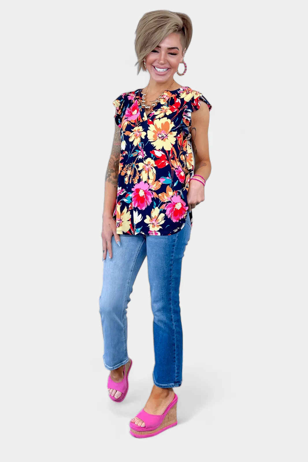 Navy Floral Lizzy Flutter Sleeve Top [NO RETURNS]