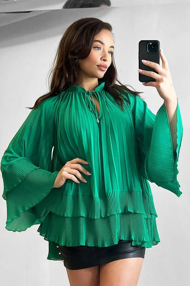 Neck Tie Pleated Chiffon Blouse