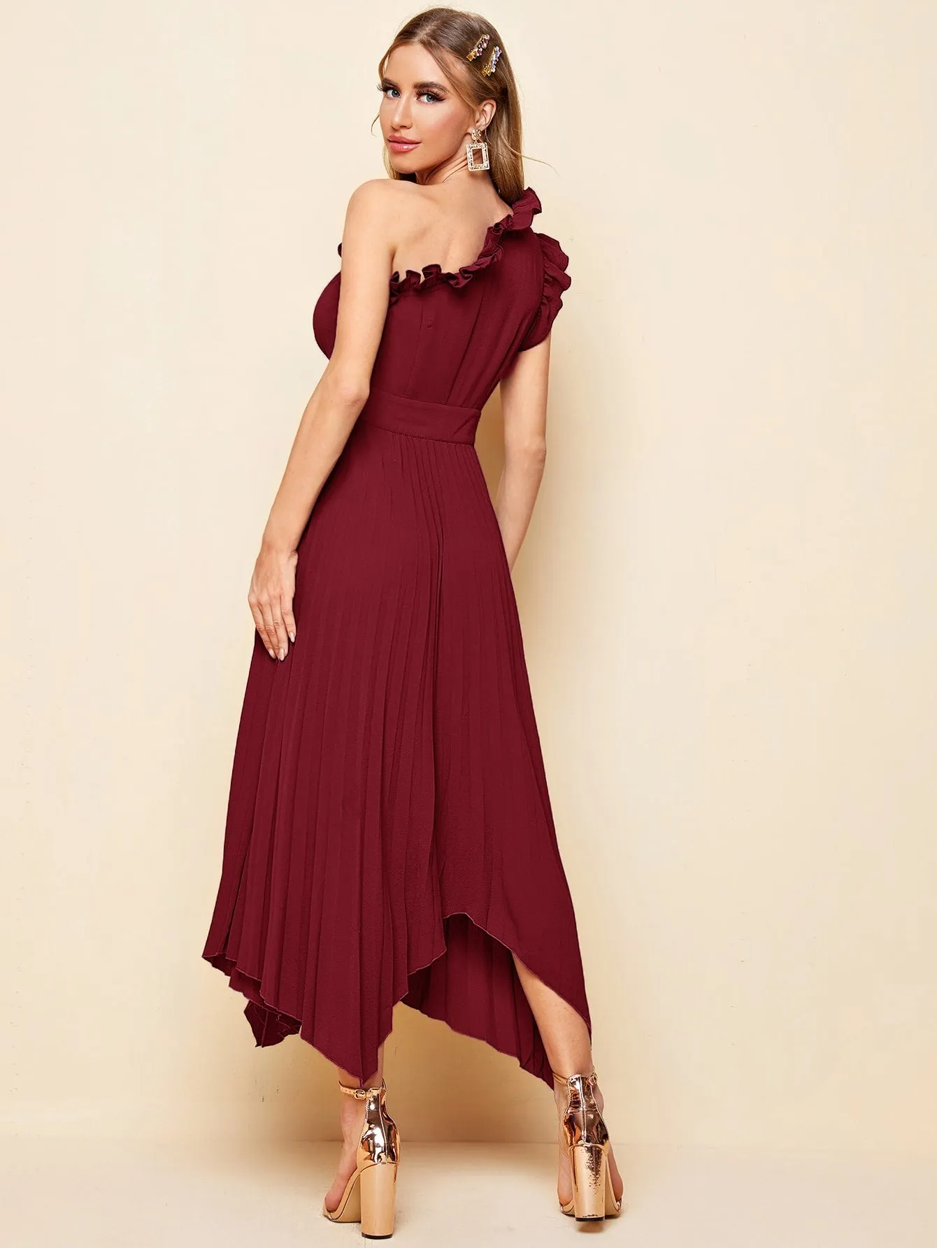 One Shoulder Ruffle Detail Pleated Hanky Hem Dress