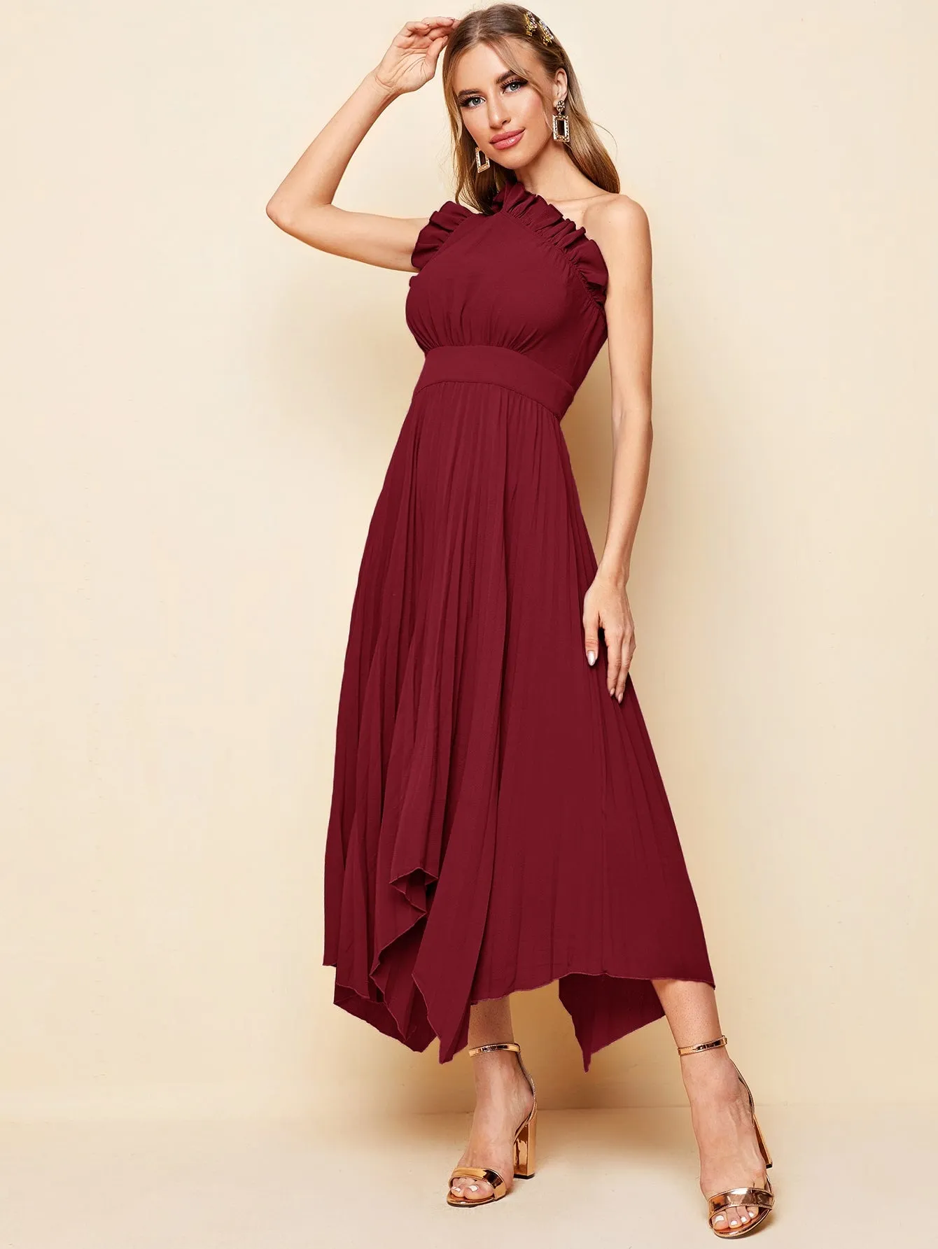 One Shoulder Ruffle Detail Pleated Hanky Hem Dress