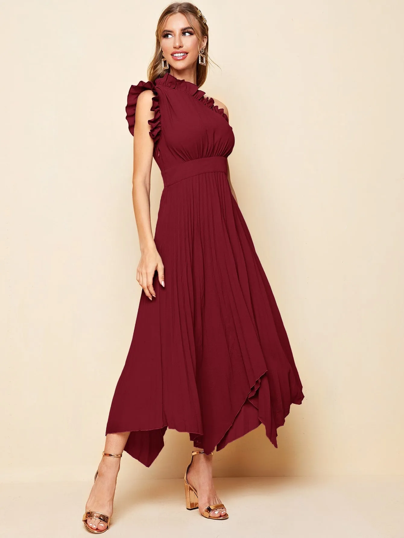 One Shoulder Ruffle Detail Pleated Hanky Hem Dress