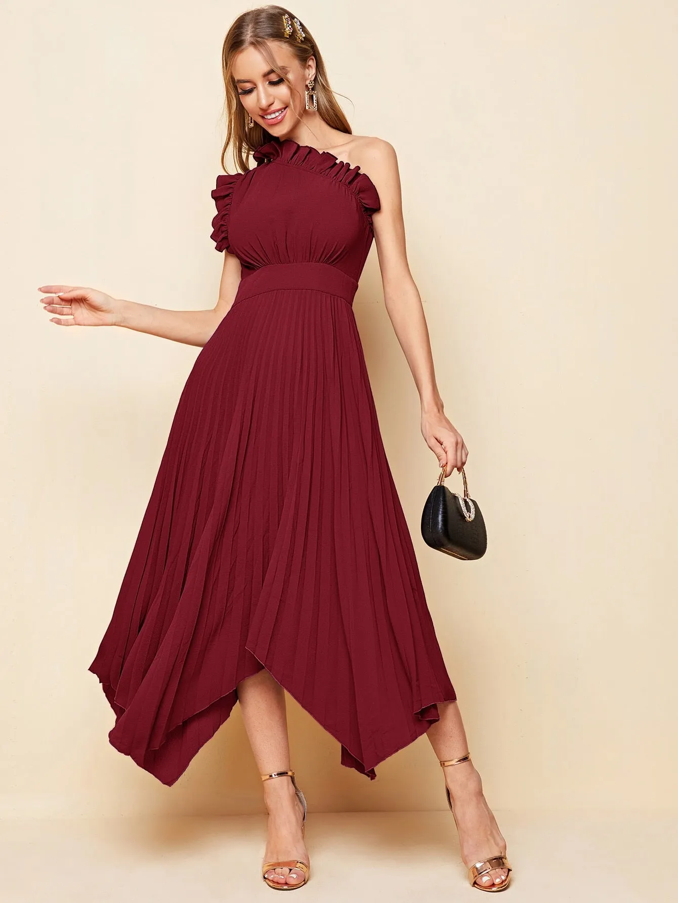 One Shoulder Ruffle Detail Pleated Hanky Hem Dress