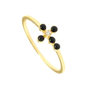 Pearled Cross Diamond Black Ring, Yellow Gold, Size 6.75