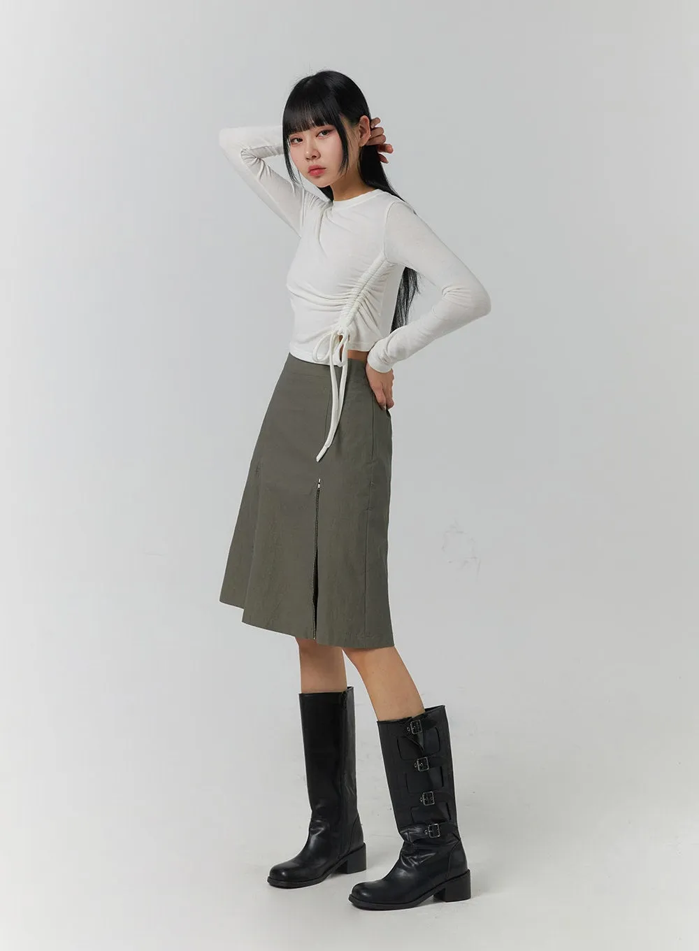 Pleated Zip Up Mid Skirt CJ419