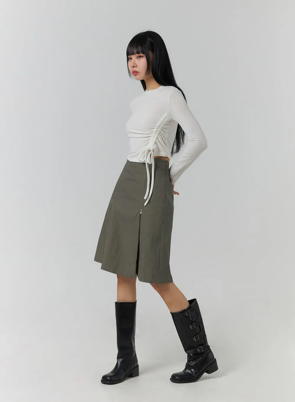 Pleated Zip Up Mid Skirt CJ419