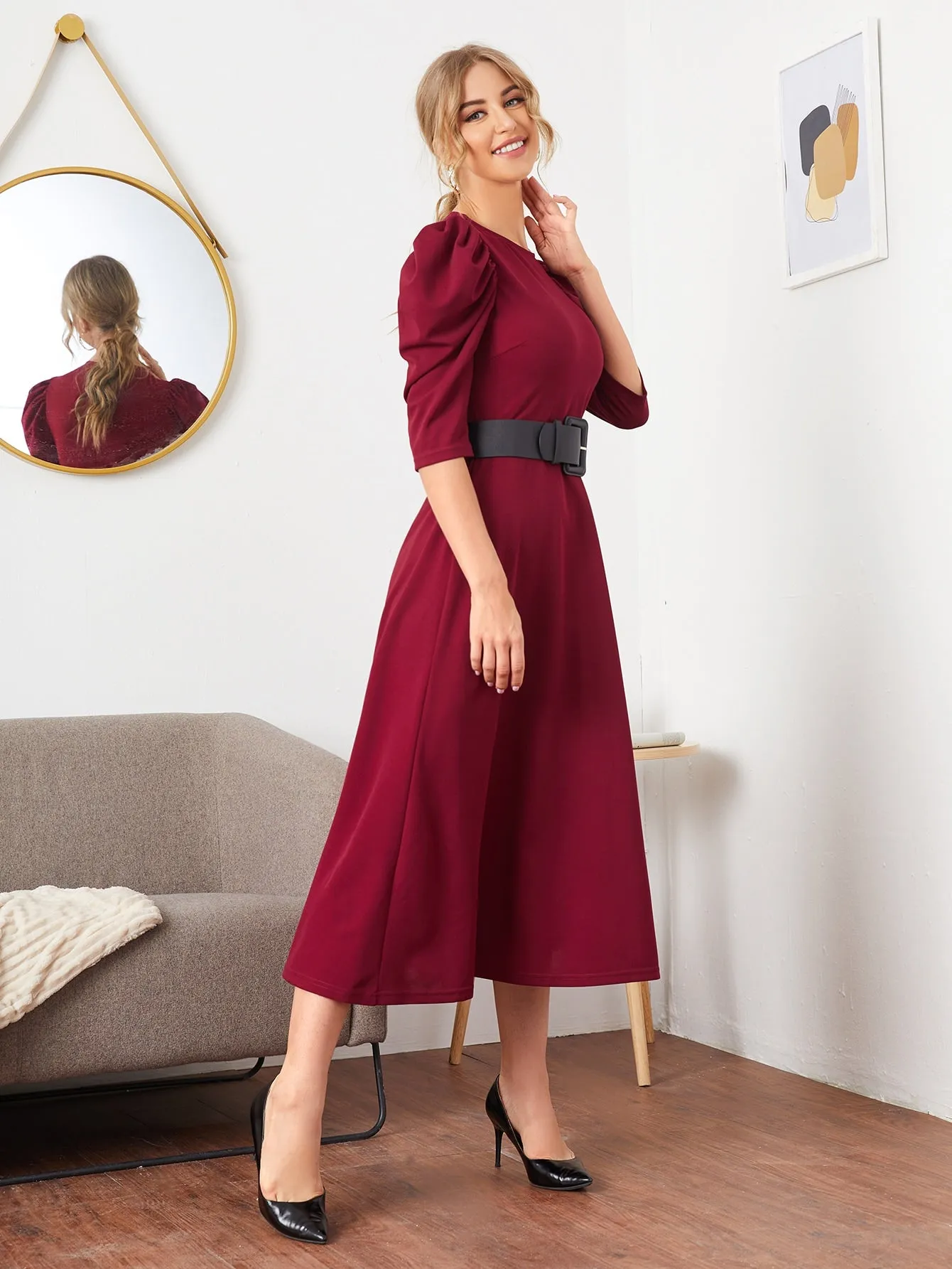 Puff Sleeve Self Buckle Belted Dress