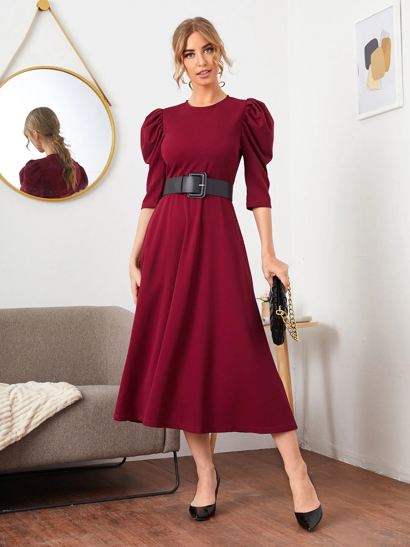 Puff Sleeve Self Buckle Belted Dress