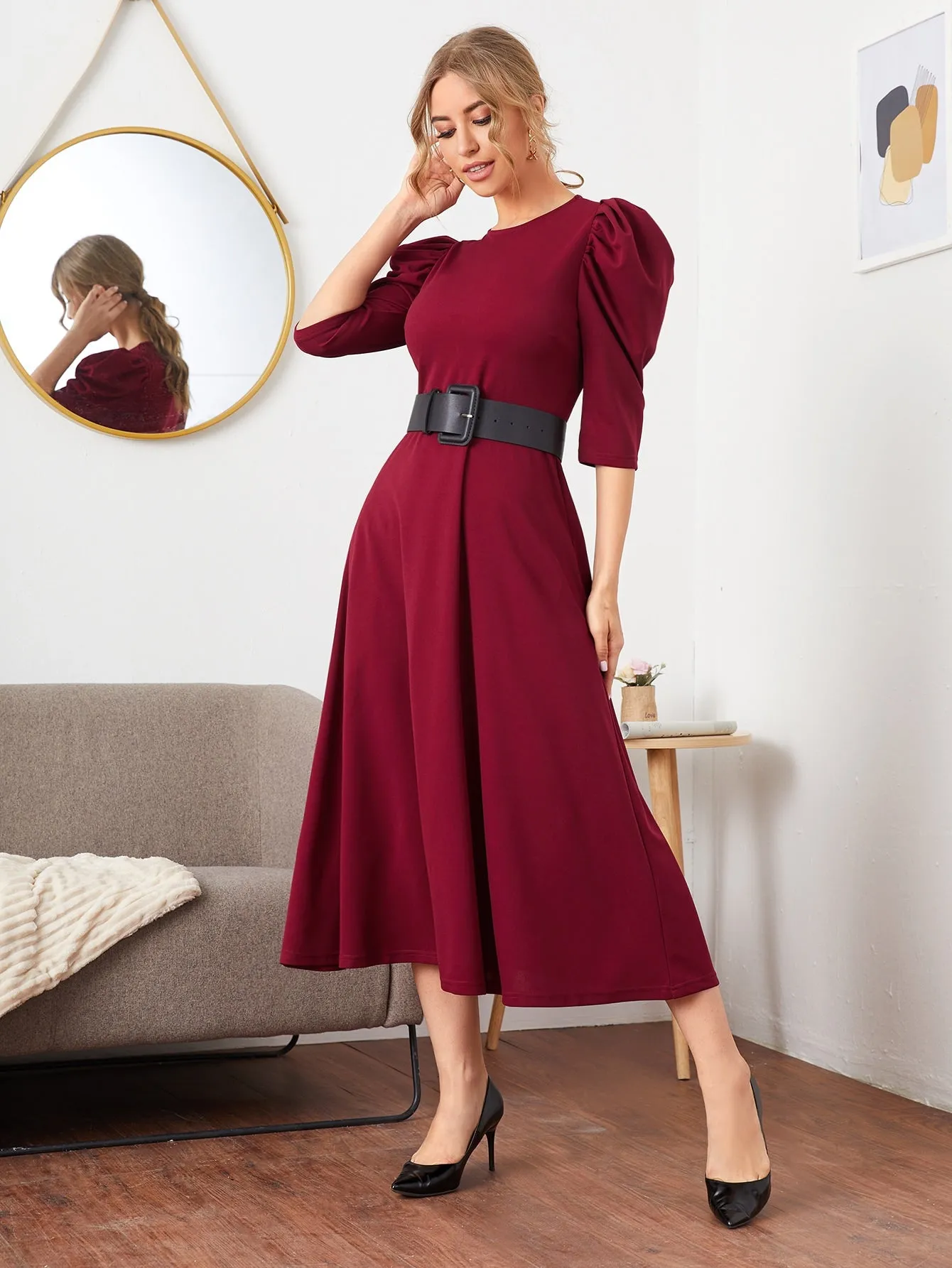 Puff Sleeve Self Buckle Belted Dress